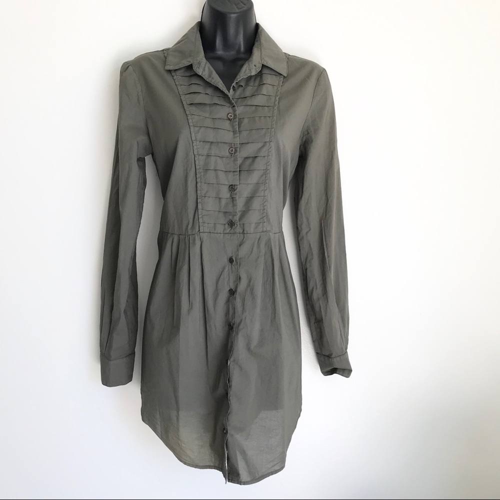 CLU Tux Pleated Tunic Shirt Dress Olive Green M